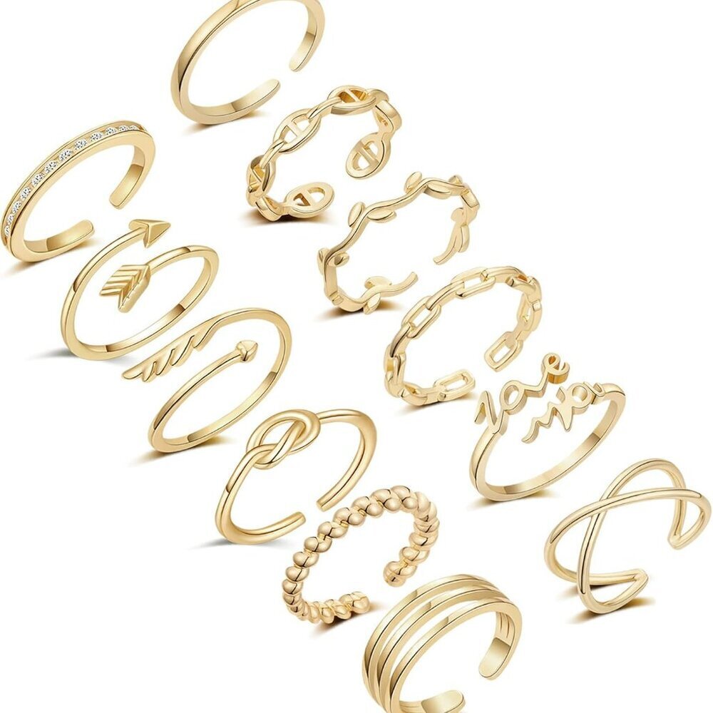 12PCS Rings for Women Adjustable Rings Arrow Knot Wave Cute Star Moon Band Open